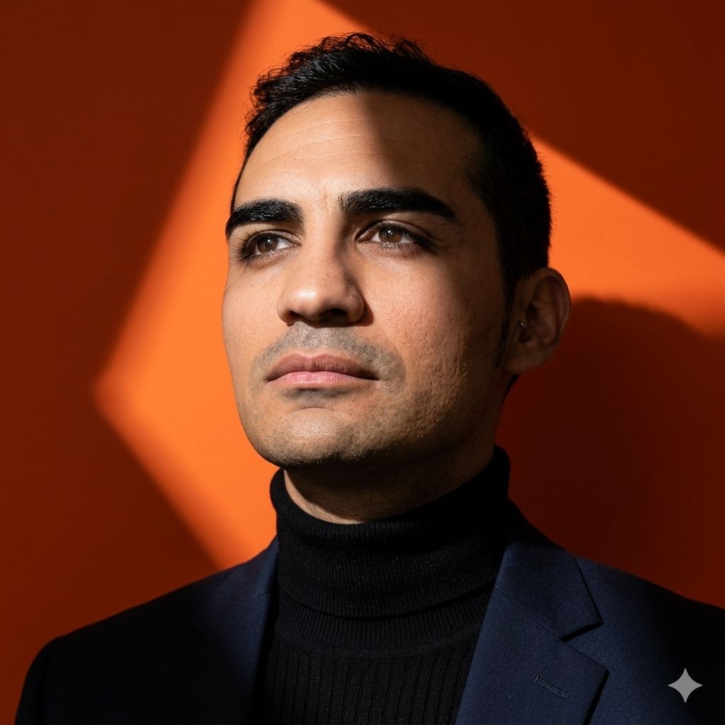 Arian Zargaran, founder of pouk.ai. Cinematic editorial portrait, head-and-shoulders, saturated orange backdrop.